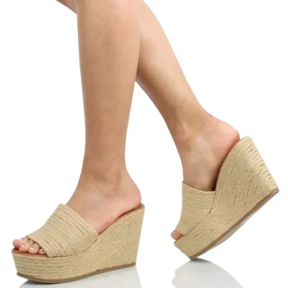 New Women Beige Jute Slip On Platform Wedge Heel Espadrille Sandals - Picture 2 of 6